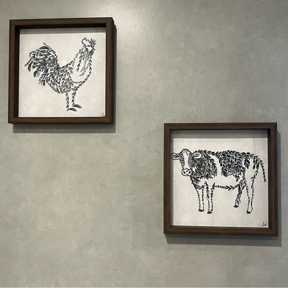 Hobby Lobby Cow & Rooster Wood Frame Wall Decor Farmhouse Kitchen Vine Leaves